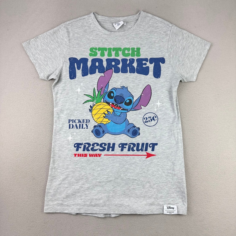 Skinnydip Disney Stitch Market T-Shirt Men S Gray Graphic Fresh Fruit Pineapple